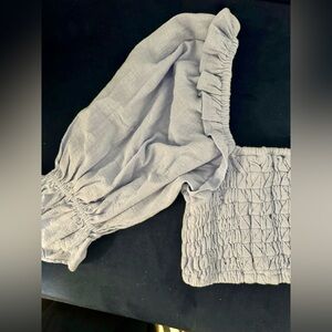 FREE PEOPLE OFF SHOULDER LIGHT BLUE PUFF-SLEEVED RUCHED CROP TOP